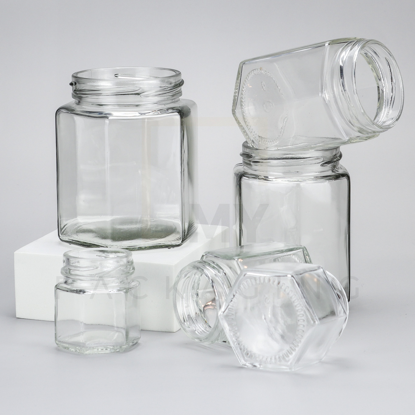 HEXAGON GLASS JAR RED CAP 60ML-730ML - FOOD JAR - My Packaging Sdn Bhd