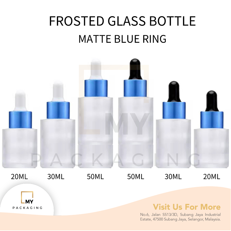 FROSTED GLASS BOTTLE 20ML-50ML + MATTE BLUE RING - FOR SERUM , SUNBLOCK ...